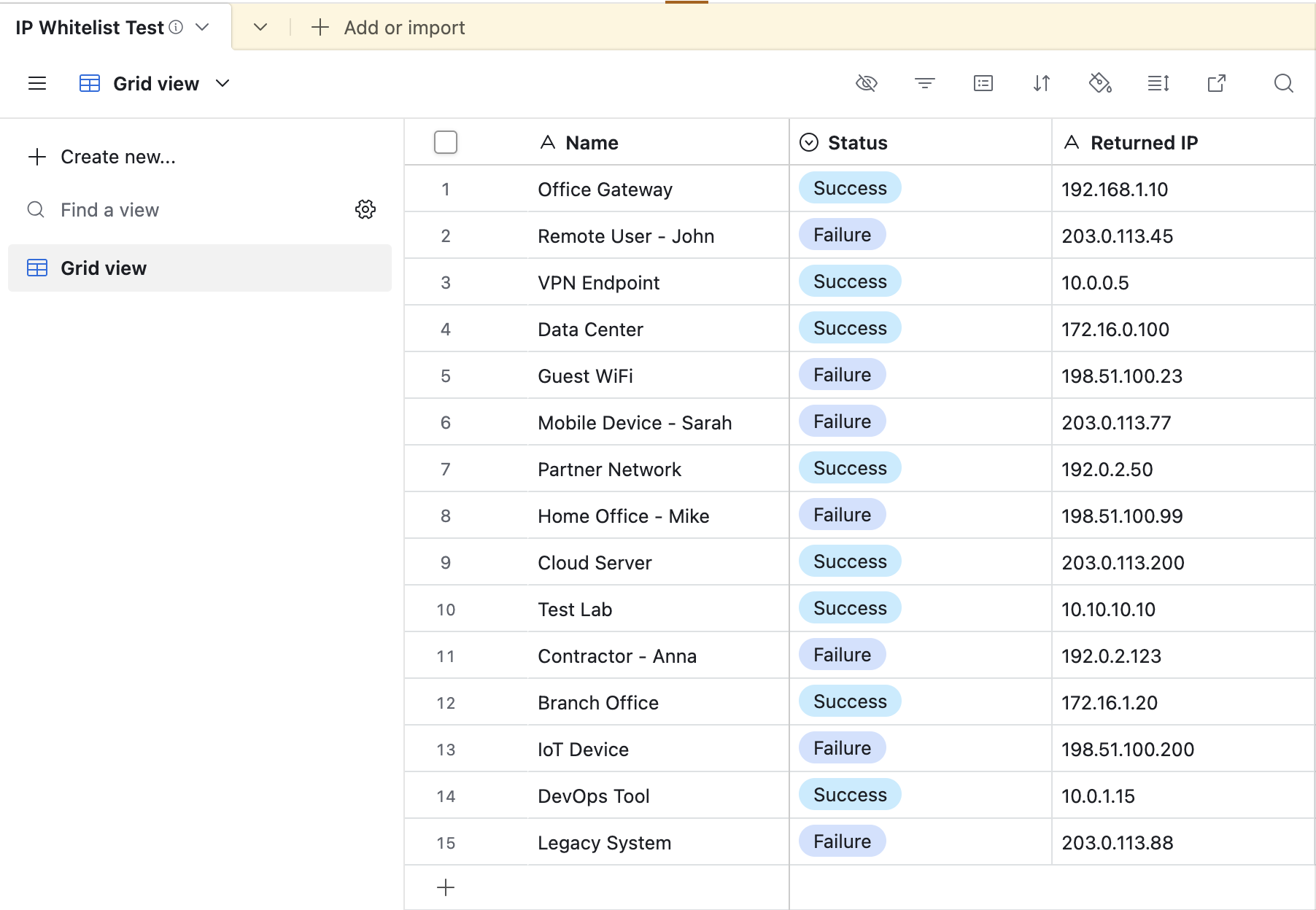 Airtable example base with Name, Status, Returned IP, and Raw response columns