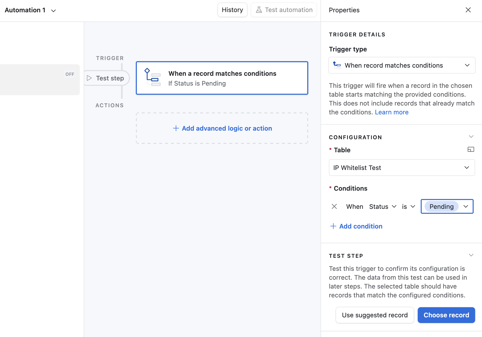 Airtable automation trigger configured for Status equals Pending