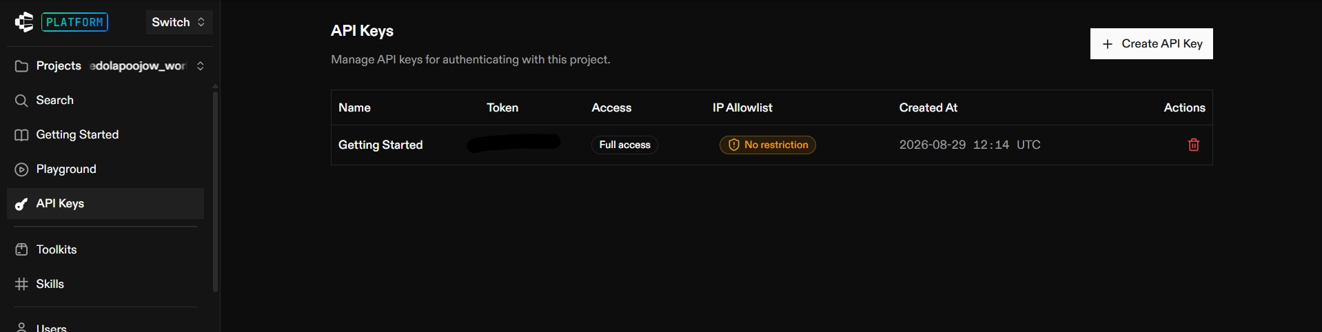Composio dashboard create api key