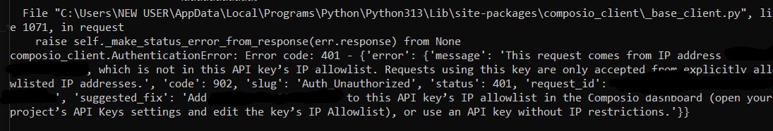 Composio error ip allowlist